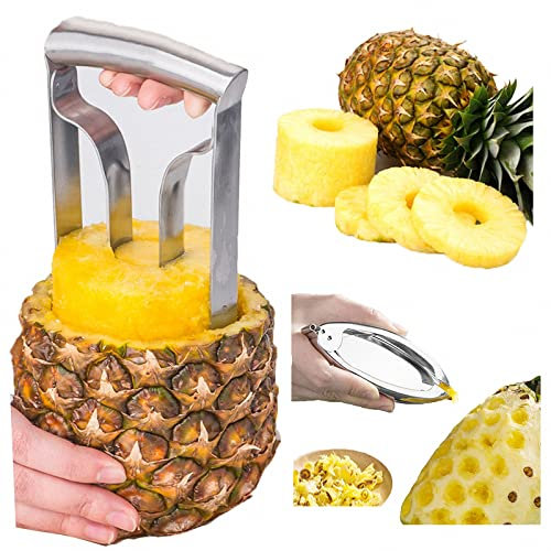 AJEYPMZ Sbuccia Ananas e pelaocchi, affettatrice Taglia Ananas in Acciaio Inox, Strumento per detorsolare e Frutta Carne,Silver,2pcs