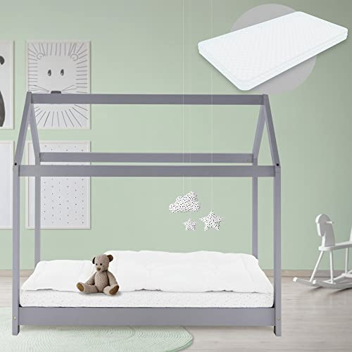 ML-Design Barnsäng 80x160 cm ljusgrå med madrass, tak och lamellram, hussäng för tjejer och killar, barnhus av furu, stabil ungdomssäng, massivträ barnsäng, sänghus leksäng