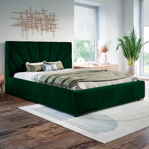 MOTIVENA Sisi Polsterbett 140x200 mit Bettkasten, Bett 140x200 mit Lattenrost, Bett 140x200 mit Stauraum, Stauraumbett 140x200, mit Kopfteil, ohne Matratze, Samt, Grün (Dunkelgrün)