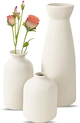 Lot de 3 Petits vases en céramique Blanc Riz - Vases à Fleurs Modernes | Vase en céramique rustique pour décoration d'intérieur, herbe de la pampa et fleurs séchées