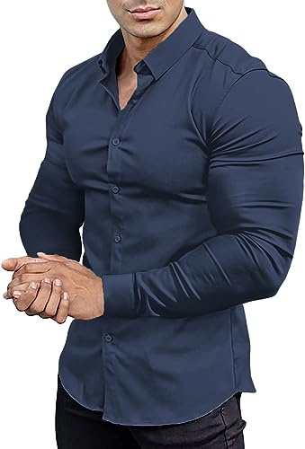 EOUOSS Chemise Moulante à Manches Longues pour Hommes, Coupe ajustée Extensible, Style décontracté Sportif, Bleu Marine, Taille XL