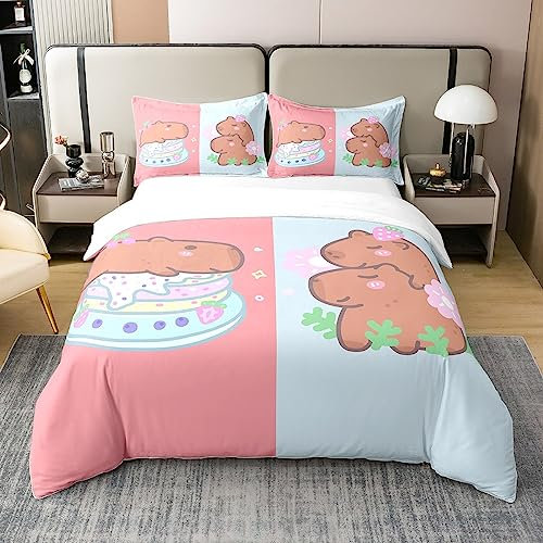 100% Bio Baumwolle Capybara Bettbezug 200x200,Nette Capybaras Bettwäsche Set für Kinder Capybara Liebhaber,Rosa und Blau Thema Bettbezug,Kawaii Capybara Gefüllte Tiere Quilt Cover mit Reißverschluss