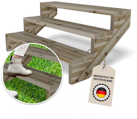 Gartenwelt Riegelsberger Terrassentreppe 3 Stufen Breite 120 cm Höhe 55 cm | Außentreppe aus imprägnierter Kiefer für Terrasse & Garten | Komplett-Set mit Wangen, Bohlen & Edelstahlschrauben