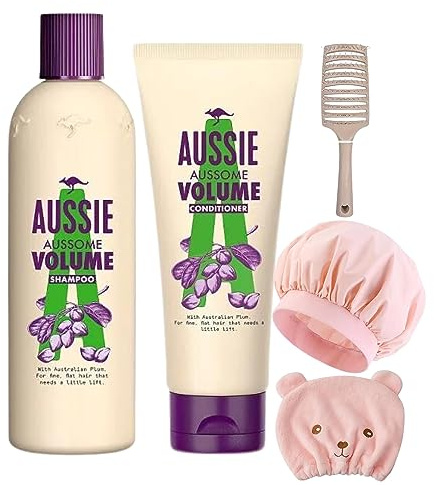 Hair Care Shampoo & Conditioner Set - Includes 1 x detangling Brush 1 x Shower Cap 1 x Hair Drying Cap 1 Bunled with 300ml Aussie Aussome Volume Shampoo & 200ml Aussie Aussome Volume Conditioner.