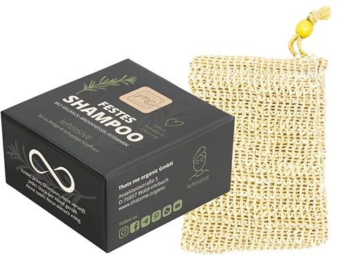 Thats me Organic Festes Shampoo „intensive“ (Sparset mit Seifensäckchen) gegen fettige & schuppige Kopfhaut – Handgemacht mit Brennnessel & Rosmarin – Ergiebiger Shampoo Bar ohne Schmierfilm