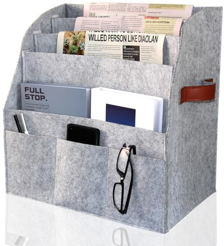 RSHVSMS Zeitungsständer, Modern Zeitschriftensammler Faltbarer ,Aufbewahrungsständer für große Filz-Zeitungskörbe,abnehmbare 4-lagige Trennwand,3 kleine Außentaschen,Lager für Haus und Büro, grau