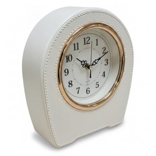 LEDSone Kaminuhren aus Leder, batteriebetrieben, geräuschlos, Tischuhr, Regal, dekorative Uhr für Schlafzimmer, Wohnzimmer (Weiß)