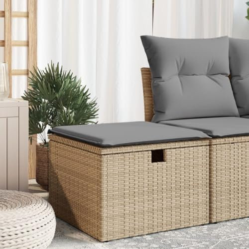LAPOOH Gartenhocker mit Kissen Beige 55x55x37 cm Poly Rattan, Balkon Hocker, Fusshocker Garten, Hocker Garten, Fußhocker Für Sessel, Gartenmöbel Hocker - 366091