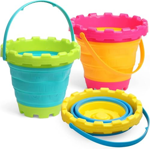 3L Sandburg Strandeimer Spielzeug 3 PCS,Bunte Sand Strand Eimer für Kinder, Kleinkinder, draußen, Sandkasten, Sandburg förmiger Eimer mit Netztasche,Schnee, Hinterhof Kein 3 Pack