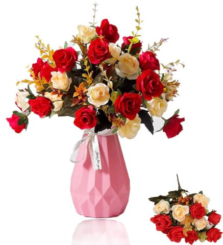 Taasmoog 3 Bundles Artificial Flowers Rose, Faux Realistic Bouquet Red Roses Artificial Flowers Outdoor UV Resistant Plants Faux Plastic Greenery Shrubs for Home Office Party Decor