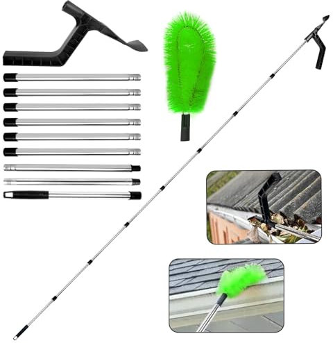 Aolawco 2-in-1 Gutter Cleaning Tools with Gutter Brush & Leaf Shovel, 320cm Telescopic Gutter Cleaner with 8-Section Pole, Gutter Cleaner Suitable for Bungalow, 2 Layer Terraced House