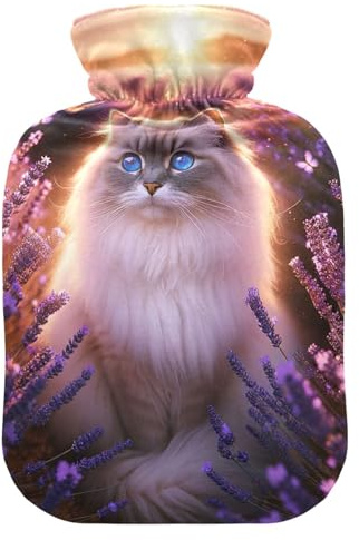 Wärmflasche mit Katzen-Motiv Twilight Purple mit weichem Samtbezug, Wärmbeutel für Nacken, Schulter und Menstruationskrämpfe, 1 Liter