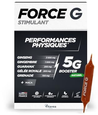 Vitavea Force G Stimulant - Complément alimentaire performances physiques - Ginseng, Gingembre, Guarana, Gelée Royale, Grenade, Maca - Actifs renforcés - 10 ampoules - 10 jours - Fabriqué en France