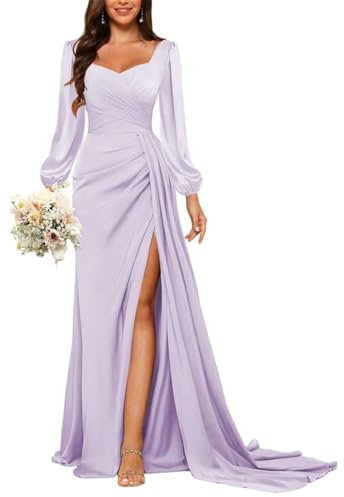 HPPEE Abito da damigella d'onore a maniche lunghe da donna con spacco plissettato a sirena in raso abito da ballo formale, Lilla, 44