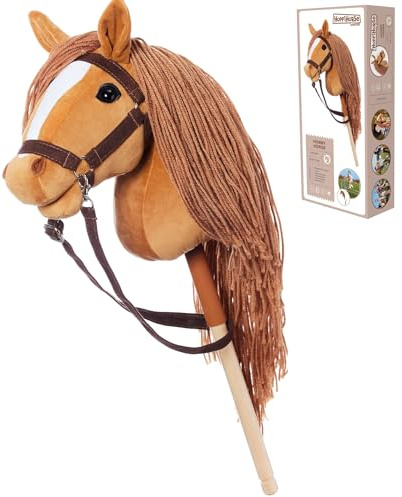 HOPPIHORSE Steckenpferd mit Trense - A3 - Hobby Horse mit Zügeln, Schultergurt, Schweif - hochwertiges Plüsch mit Langer Mähne - Silikongriff für besseren Halt - mit Geschenkverpackung