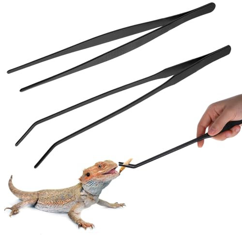 Lnngub 2 Stück Aquarium Pinzette Set, 25cm Gerade Pinzette und 27cm Gebogene Pinzette Set Lange Reptilien Futterpinzette aus Edelstahl Schützende Finger Pinzette für Reptilien, Wasserpflanze (Schwarz)