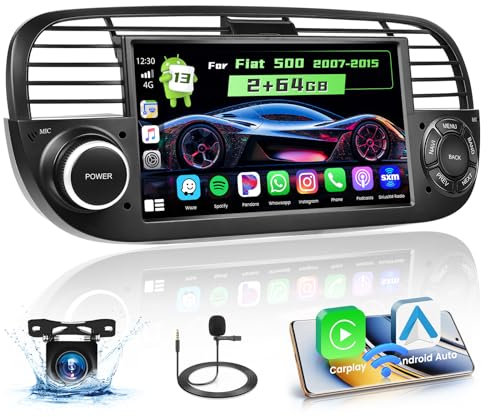 Hikity 2G+64G Android 15 Autoradio per Fiat 500 2007-2015 (Nero) con Navi Carplay Android Auto, Schermo 7 Pollici GPS WiFi Bluetooth RDS/FM MirrorLink+Telecamera Retromarcia