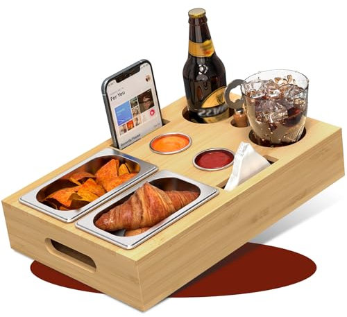 Yeabett Couchbar Snackbox mit 2+2 Edelstahlschalen & Gewürzschalen, snackbar Couch mit Abnehmbarer Magnetdeckel für Sofa, Bett, Camping(Bambus & Edelstahl),Bambus