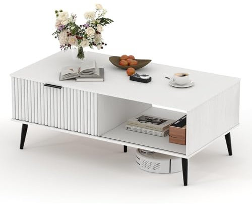 Coffee Table, 41.34 Wooden Coffee Table with Storage Cabinet, Two-Tier Design, Wave-Style Sliding Doors, Modern and Functional for Farmhouse, Living Room, Office, or Lounge, White