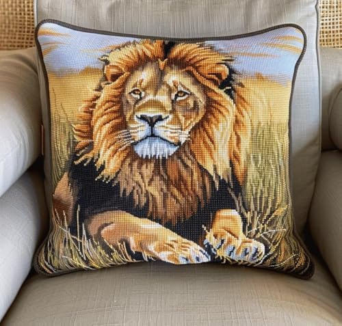 ANSIWEIGO Kreuzstich Kissen Vorgedruckt,Der König Der Löwen 18x18 inch 11 CT Stickset Für Kreuzstichkissen,Stickset Anfänger Diy Kreuzstichkissen Zum Dekorieren Handstickerei Kissenbezug Set