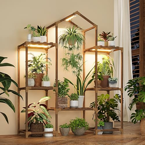 Bamworld Pflanzenständer für den Innenbereich mit Wachstumslichtern, Pflanzenregal aus Holz zum Aufhängen von Pflanzgefäßen, Blumentöpfen, Blumenständer für Wohnzimmer, Terrasse, Garten, Dekor