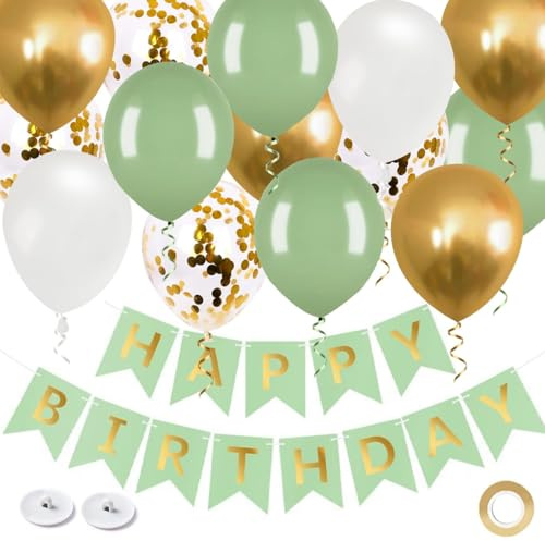 OHugs Happy Birthday Banner, Green and Gold Birthday Decorations with 20 Premium 12 Inch Balloons, Ribbon & Hooks - Elegant Reusable Party Decor for Men, Women, Boys & Girls