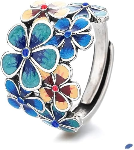 925 Sterling Silber Blumenmuster Emaille Statement Ring für Frauen Blau Blüte Blütenblatt Hochzeit Engagement Charm Classics Rings Cocktail Party Art Deco Stapelbar einstellbarer Ring, Ke-HR670-RS02