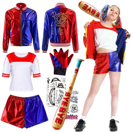 DUOLAM Quinn Cosplay Kostüme Kinder: Mädchen Bösewicht Clown Kostüm Kit enthalten Jacke, T-Shirt, Shorts, Aufblasbare Baseballschläger, Tattoo-Aufkleber und Handschuh für Halloween Karneval (150)