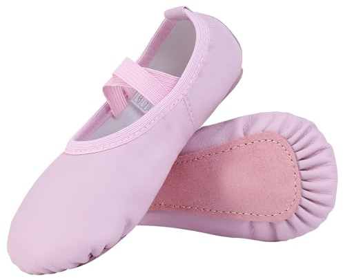 Acfoda Balettskor för flickor läder hel sula ballerina dans platta elastiska remmar barn vuxna, Rosa, 35.5 EU