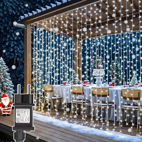 Joycome Tenda Luminosa Natale 300 LED 3x3m Luci Natale con Spina, Timer, 8 Modalità Addobbi Natalizi per La Casa Impermeabile Cascata Luci per Finestra Balcone Festa Interno Esterno Decor (Bianco)