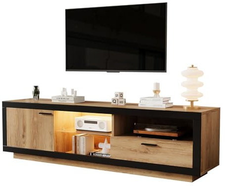Meuble TV 160cm, Banc TV avec Lumière LED, 1 Tiroir, 1 Porte, 3 Compartiment Ouvert et Etagère en Verre, Meuble Télé pour Télévisions Jusqu'à 70 Pouces, pour Salon, Chambre, Bureau, 160*40*50