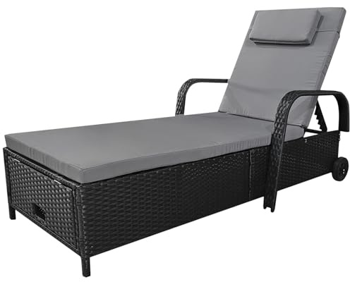Calma Lux® Gartenliege Sonnenliege Rattanliege mit Stauraum neigbarer Rückenlehne Gartenmöbel Liege mobil mit Kissen, Polyrattan+Metall, 200 x 75 x 30-92 cm (Schwarz/Grau)