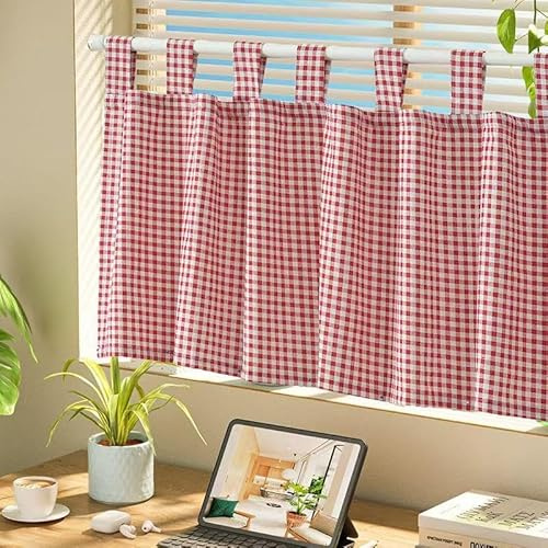 Daliena Scheibengardinen Karo Blickdichte Kurzgardine BxH 150x45cm Rot | Kurzstore mit Schlaufen, Bistrogardine Karomuster, Küchengardinen Modern, Privatsphäre Gardine für Wohnzimmer 1 Stück