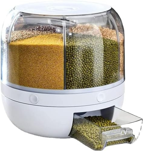 6-Grid Round Food Dispenser 360° Rotating Cereal Dispenser 3kg Capacity Rice Dispenser Dry Food Containers Transparent Plastic Grain Dispenser with Lid for Household Kitchen