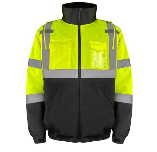 HYCOPROT Sicherheitsjacke für Herren Hochsichtbare Reflektierende Bomberjacke Regenjacken mit Taschen Winterfeste Wasserdichte Arbeitsjacken Sicherheitswesten für Kaltes Wetter EN ISO 20471 Standards