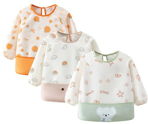 EOAMGO Weaning Bibs With Sleeves, Waterproof Feeding Bib For Baby & Toddler, Long Sleeve Coverall Apron 3 Pack, Easy Clean Unisex Bib With Pocket (Multicolor, S)