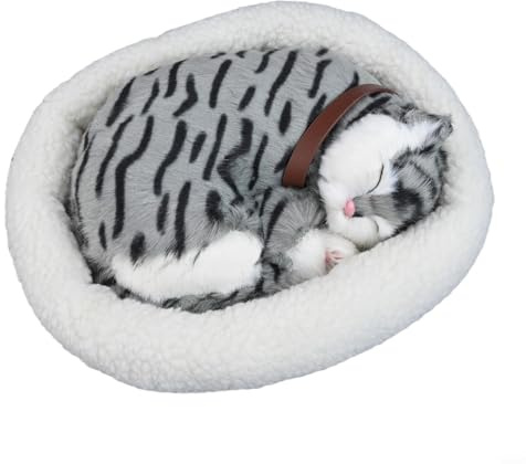 Moliuoly Peluche réaliste de chat qui respire - En peluche - Avec simulation électronique de respiration - Pour la décoration de la maison, du bureau ou de la voiture - Cadeau interactif (chats rayés