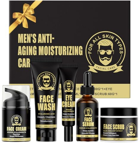 Ansiktsvårdsset för män, Skincare set herr, mild rengöring och vårdande hudvård män presentset, 5 delar inklusive rengöring, peeling, ögonkräm, serum, fuktkräm