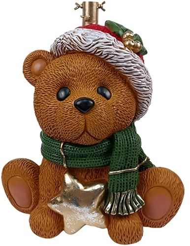Base per Albero di Natale orso seduto cappello rosso sciarpa verde e stella oro supporto piede decorazioni natalizie bambini felici