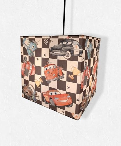 Handmade Kids Light Shade - Ceiling or Lamp Shade - Toys Cars with Chequered Flag Pattern (Table Lamp Shade)