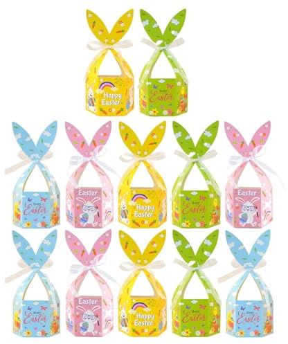 Cajas de recuerdos – Cajas de de Pascua de conejo con cinta – | Cesta de orejas de conejo para pastas de Pascua, pasteles, dulces, postres, día festivo, aula
