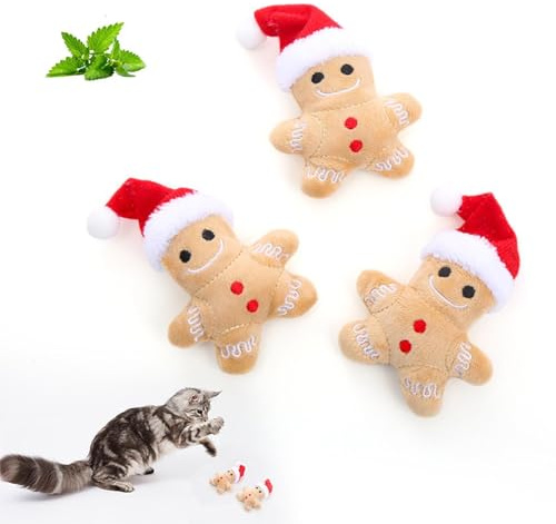 Generisch Lebkuchenmann Katzenspielzeug, 3 Stück Weihnachten Lebkuchenmann Katzenminze Kauspielzeug, Interaktives Plüschspielzeug Für Kätzchen Zum Zahnen, Gegen Langeweile