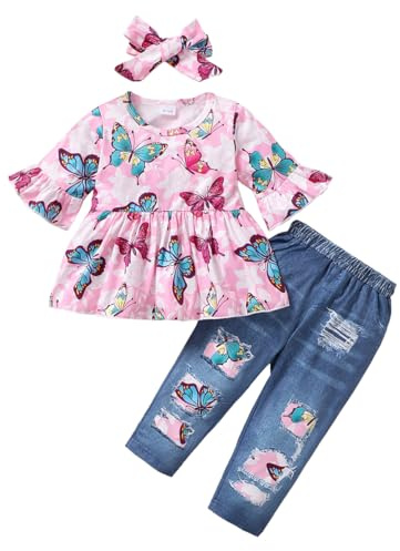LUVCES Completo per Bambina Manica a Balza a Righe/Floreale Maglietta + Pantaloni con Volant Autunno e Primavera Carino Vestiti Set per Neonati 3Pcs farfalla rosa 2-3 Anni