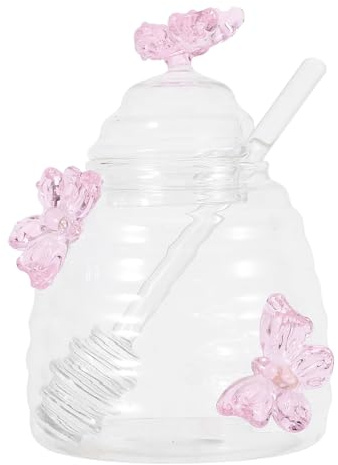 BESPORTBLE Butterfly Glass Honey Jar with Lid and Dipper, Sealed Honey Container for Kitchen Storage, Small Pink Decorative Glass Honeypot for Table Use