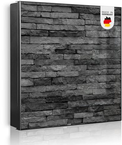 banjado Großer Schlüsselkasten Metall - Schlüsselbox 30x30cm beschreibbarer mit 32 Haken - Schlüsselkasten modern für Schlüsselaufbewahrung - Korpus Schwarz Scharnier Rechts - Motiv Rustikale Steinwan