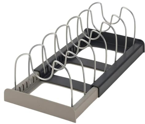 Expandable Pots and Pans Organiser,Pot Lid and Pans Holder Rack with 7 Adjustable Dividers,for Cupboard, Pot, Pan, Chopping Board, Baking Trays(Grey)