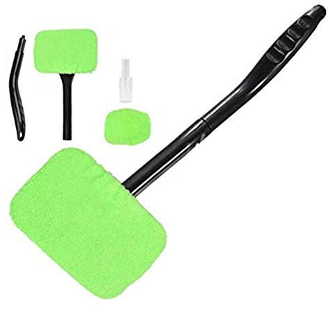 BUYGOO Auto Scheibenreiniger innen Scheibenreinigungswerkzeug (5PCS) - Autoscheibenreiniger mit schwenkbar Gelenk Kopf 35cm Griff, 2PCS Waschbar Mikrofaser Tücher, Spray für Auto Haus Küchen (Grün)