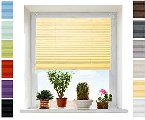 Plissee Rollo NACH MAß Klemmfix ohne Bohren - TOP QUALITÄT Pearl Stoffkollektion | Easyfix Metall Klemmträger | Faltrollo Sichtschutz, Sonnenschutz für Fenster [Gelb, B: 35-40cm, H: 70-90cm]