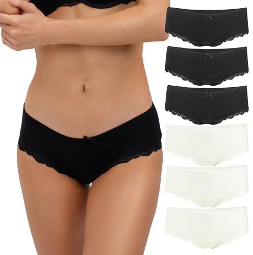 Fabio Farini 6er Set Damen Unterhosen aus 95% bequemer Baumwolle | Frauen Hipster Panty mit sexy Spitze Slip Unterwäsche Mehrpack
