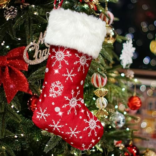 Mauts 23 Red Christmas stocking With silver threads classic snowflake pattern with shiny silver silk Christmas decorations stocking Used For Christmas Tree Gift Box Mantel Party Christmas.